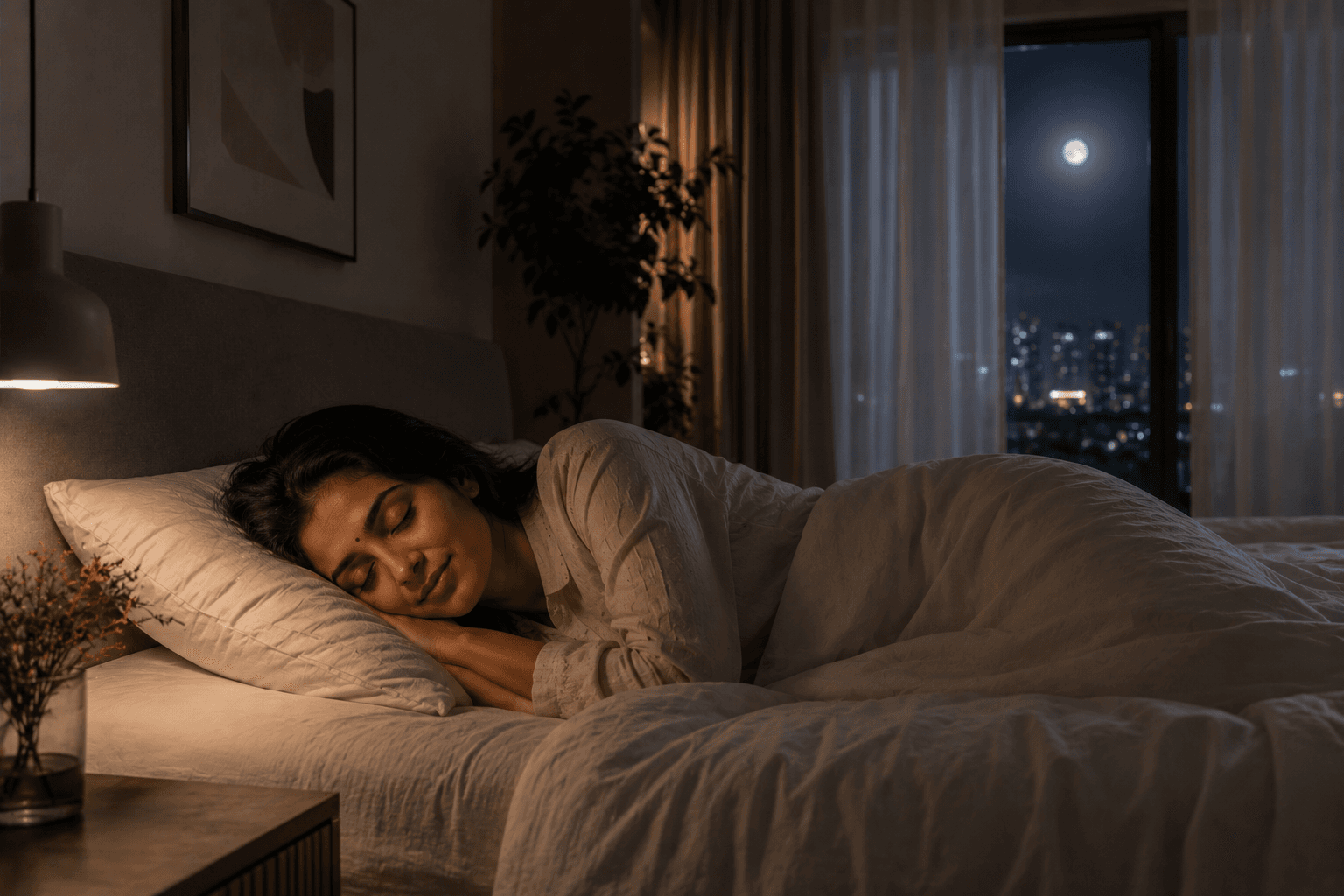 Indian woman sleeping peacefully in a modern bedroom with soft moonlight through sheer curtains and warm ambient lighting creating a calm nighttime atmosphere.