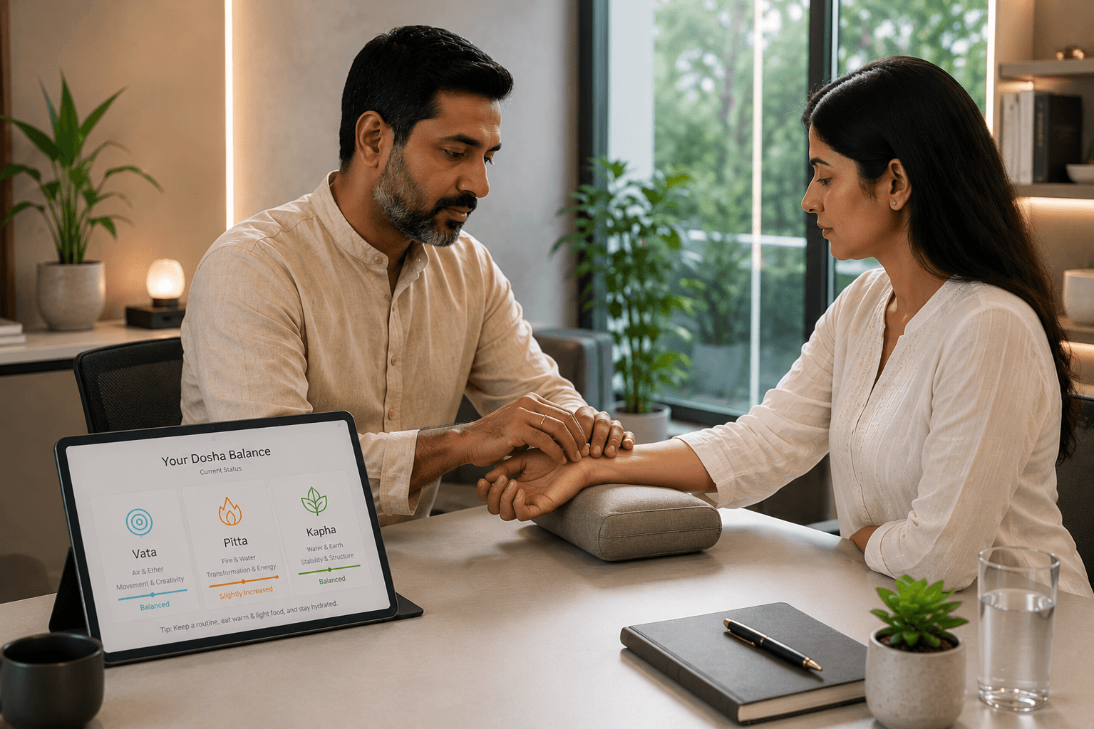 Ayurvedic doctor performing nadi pariksha by checking a woman’s wrist pulse during a consultation in a warm modern wellness clinic with a dosha balance screen and wooden interior.