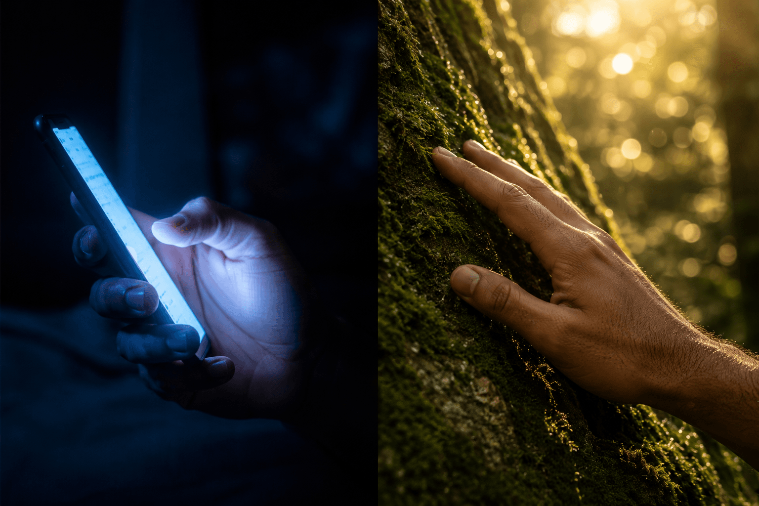 Split close-up image of one hand holding a glowing smartphone in cold blue light and another hand touching moss-covered tree bark in warm golden sunlight, symbolizing two nervous system states.